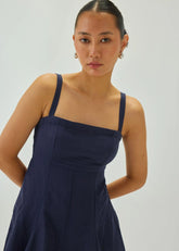 Linen Indigo Dress With Square Neckline